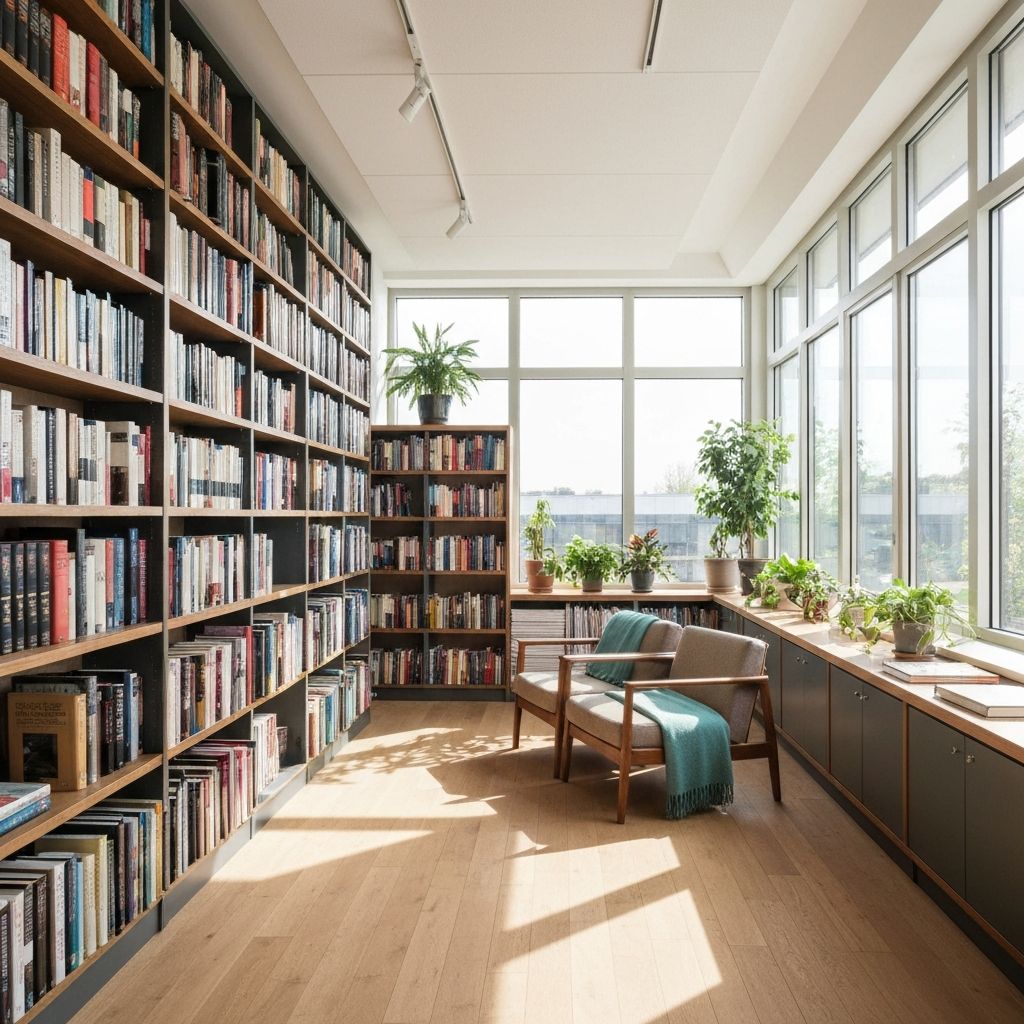 A modern reading room filled with books and natural light
